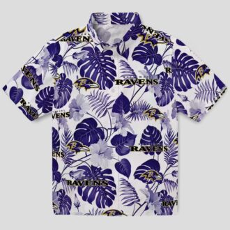 Baltimore Ravens Summer Beach Hawaiian Shirt, Tropical Plants Purple White Apparel