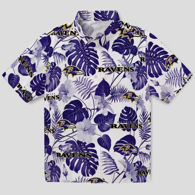 Baltimore Ravens Summer Beach Hawaiian Shirt, Tropical Plants Purple White Apparel