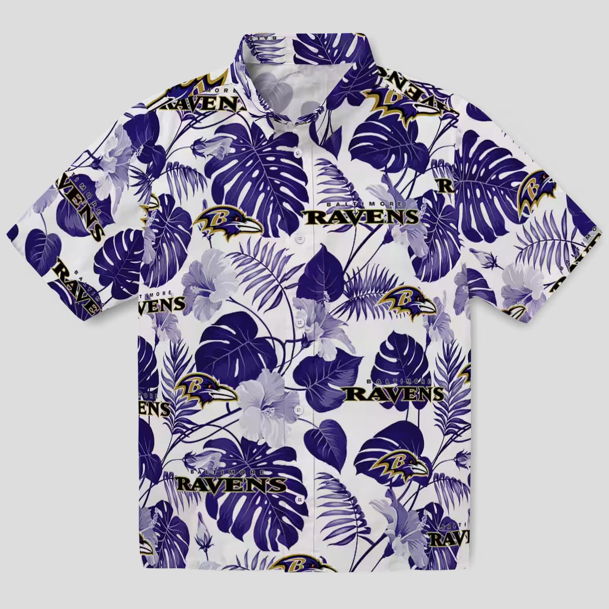 Baltimore Ravens Summer Beach Hawaiian Shirt, Tropical Plants Purple White Apparel