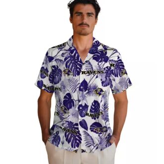 Baltimore Ravens Summer Beach Hawaiian Shirt, Tropical Plants Purple White Apparel
