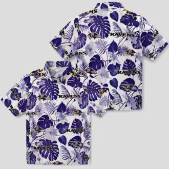 Baltimore Ravens Summer Beach Hawaiian Shirt, Tropical Plants Purple White Apparel