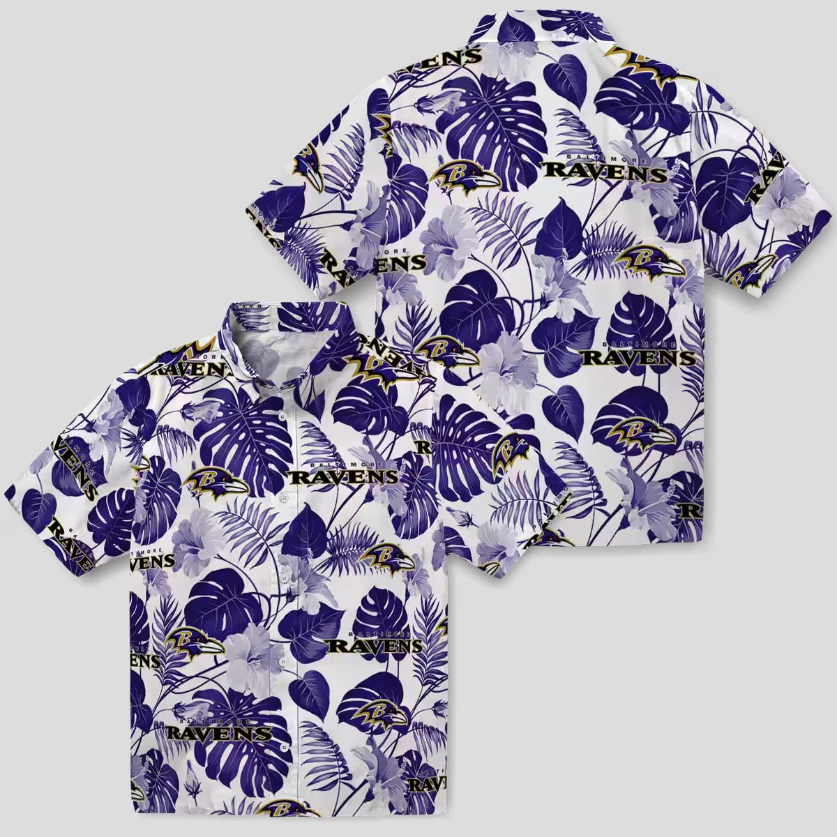Baltimore Ravens Summer Beach Hawaiian Shirt, Tropical Plants Purple White Apparel