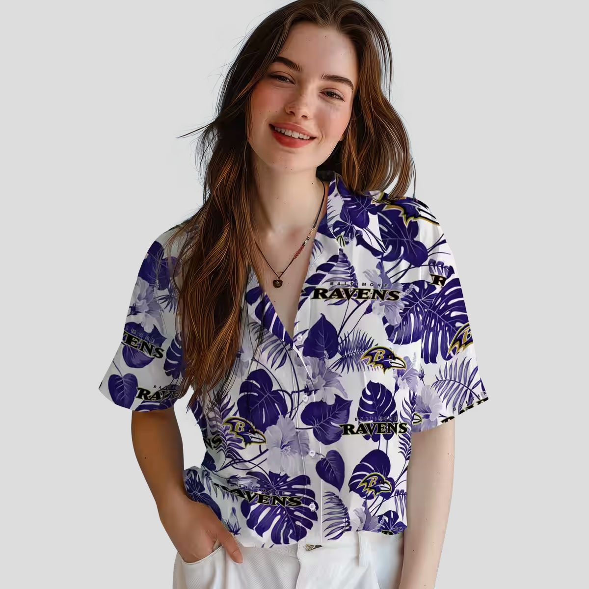Baltimore Ravens Summer Beach Hawaiian Shirt, Tropical Plants Purple White Apparel