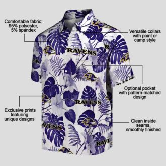Baltimore Ravens Summer Beach Hawaiian Shirt, Tropical Plants Purple White Apparel
