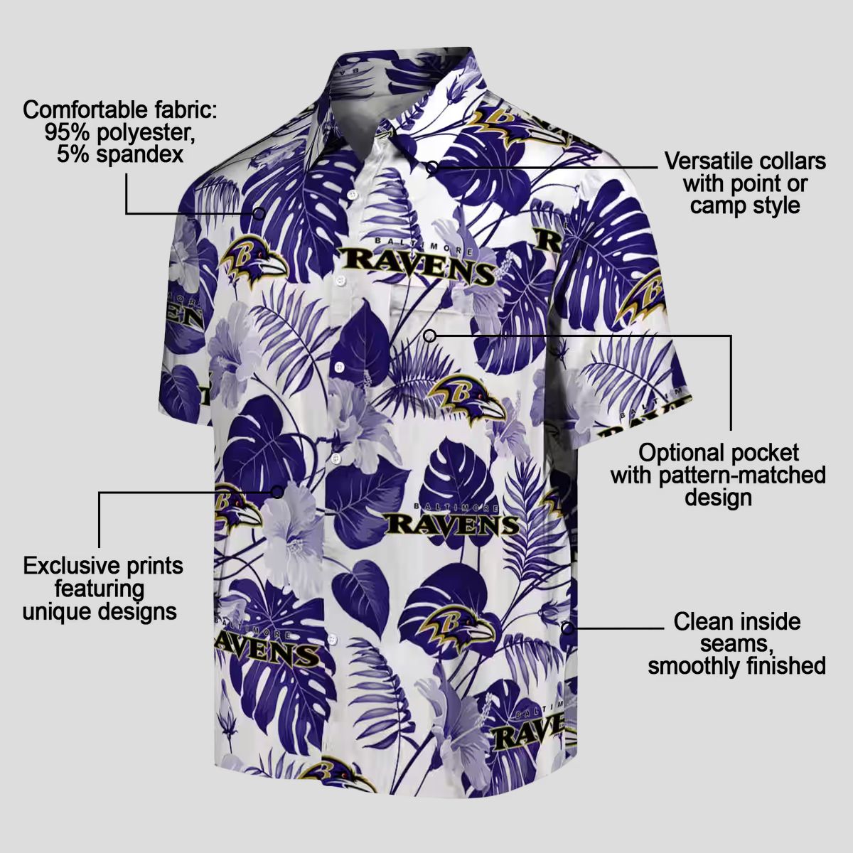 Baltimore Ravens Summer Beach Hawaiian Shirt, Tropical Plants Purple White Apparel