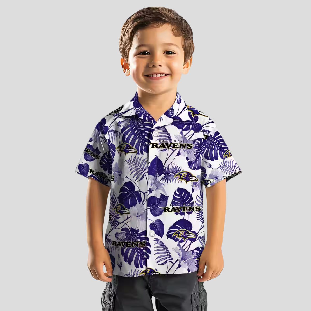 Baltimore Ravens Summer Beach Hawaiian Shirt, Tropical Plants Purple White Apparel