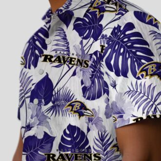 Baltimore Ravens Summer Beach Hawaiian Shirt, Tropical Plants Purple White Apparel