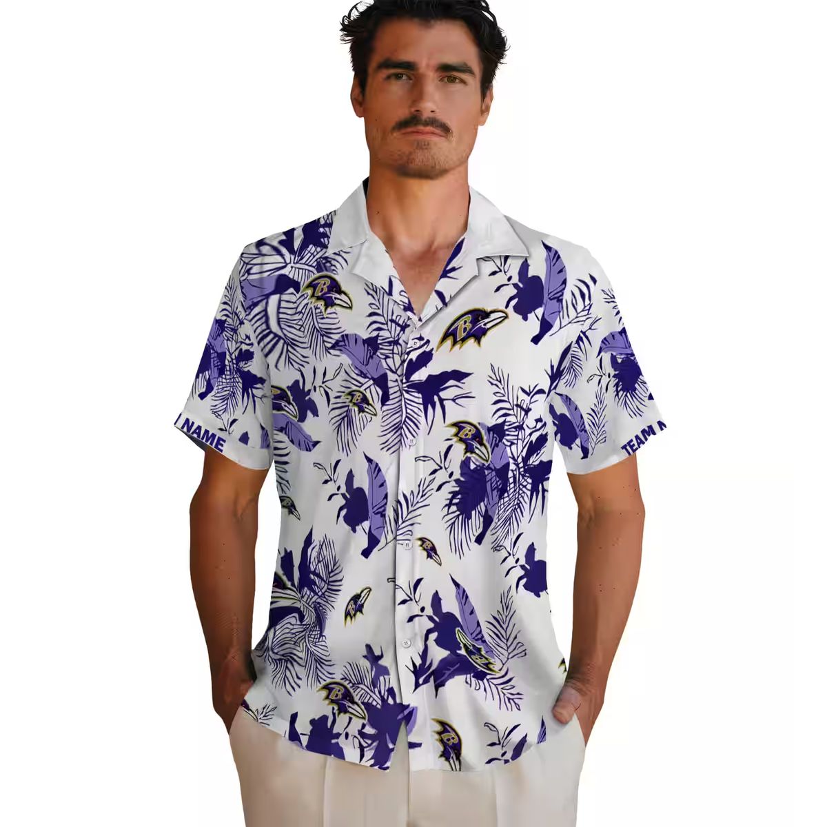 Baltimore Ravens Tailgate Party Aloha Shirt, Botanical Purple White Hawaiian Shirt