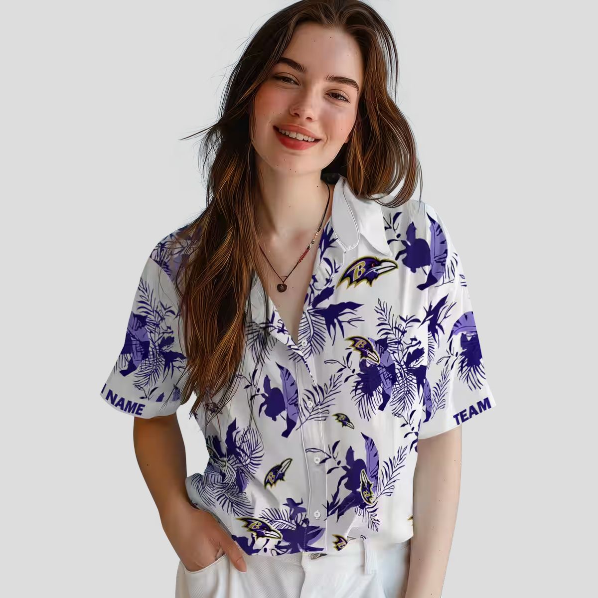 Baltimore Ravens Tailgate Party Aloha Shirt, Botanical Purple White Hawaiian Shirt