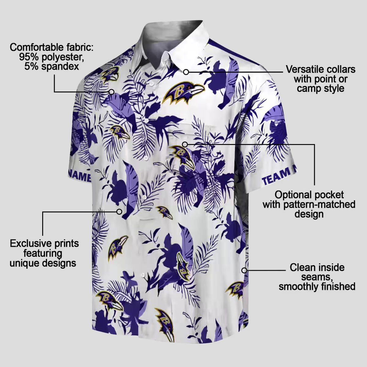 Baltimore Ravens Tailgate Party Aloha Shirt, Botanical Purple White Hawaiian Shirt