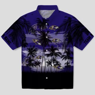 Custom Sunset Scene NFL Ravens Button Up Shirt, Purple Black Hawaiian Shirt