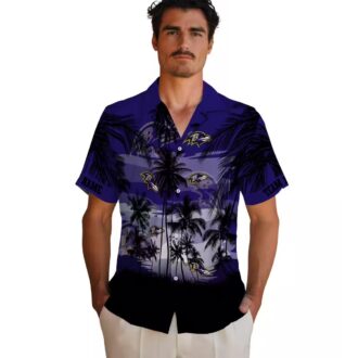 Custom Sunset Scene NFL Ravens Button Up Shirt, Purple Black Hawaiian Shirt