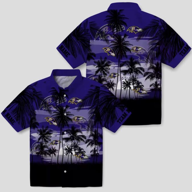 Custom Sunset Scene NFL Ravens Button Up Shirt, Purple Black Hawaiian Shirt