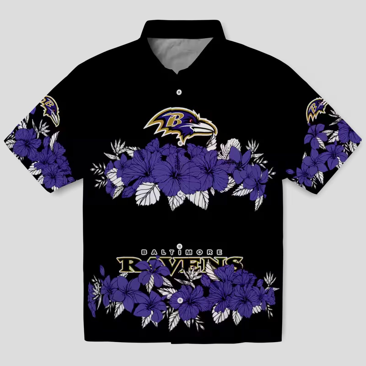 Football Fan Aloha Hawaiian Shirt – Baltimore Ravens Hibiscus Stripe Purple Edition