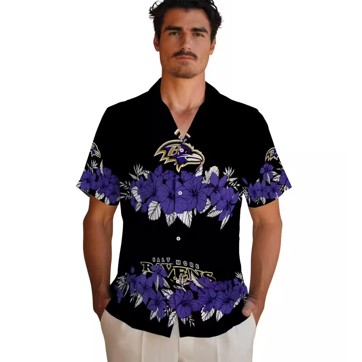 Football Fan Aloha Hawaiian Shirt – Baltimore Ravens Hibiscus Stripe Purple Edition
