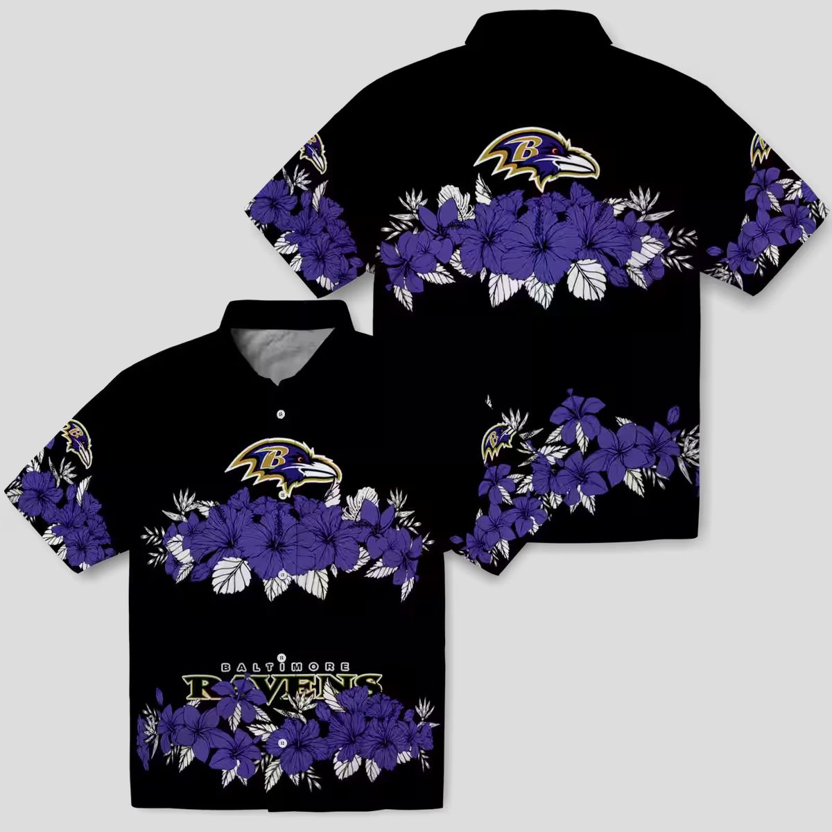 Football Fan Aloha Hawaiian Shirt – Baltimore Ravens Hibiscus Stripe Purple Edition