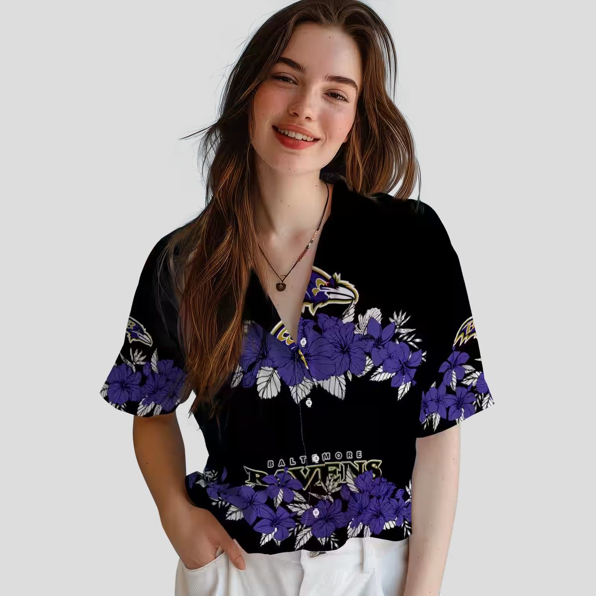 Football Fan Aloha Hawaiian Shirt – Baltimore Ravens Hibiscus Stripe Purple Edition