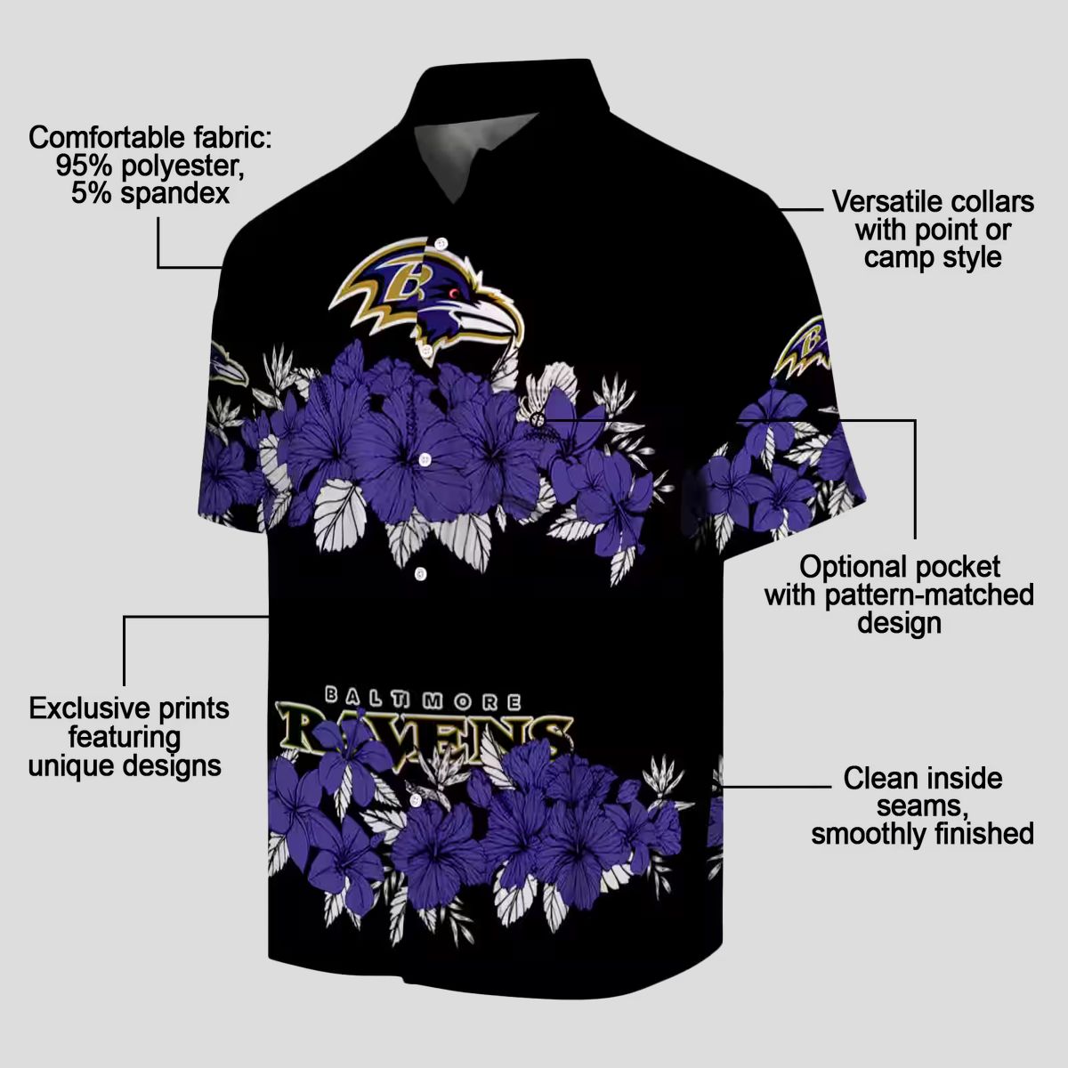 Football Fan Aloha Hawaiian Shirt – Baltimore Ravens Hibiscus Stripe Purple Edition