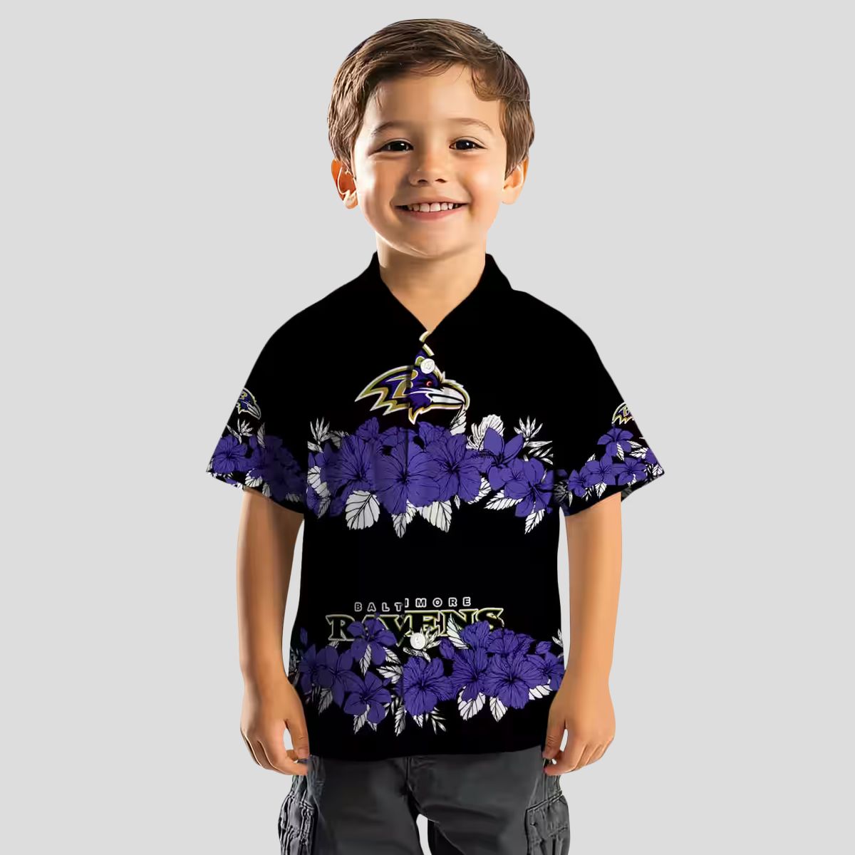 Football Fan Aloha Hawaiian Shirt – Baltimore Ravens Hibiscus Stripe Purple Edition