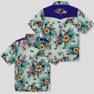 Green Baltimore Ravens Hawaiian Shirt with Tropical Foliage Graphic