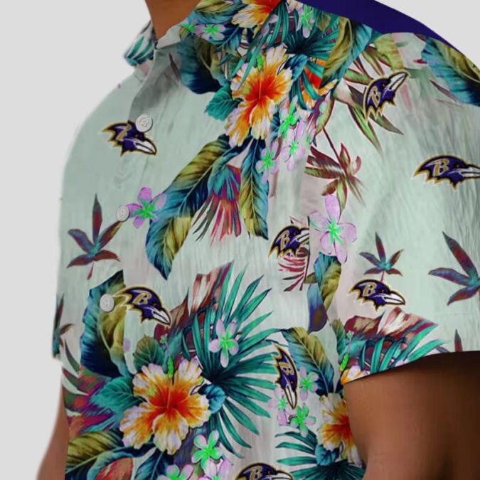 Green Baltimore Ravens Hawaiian Shirt with Tropical Foliage Graphic