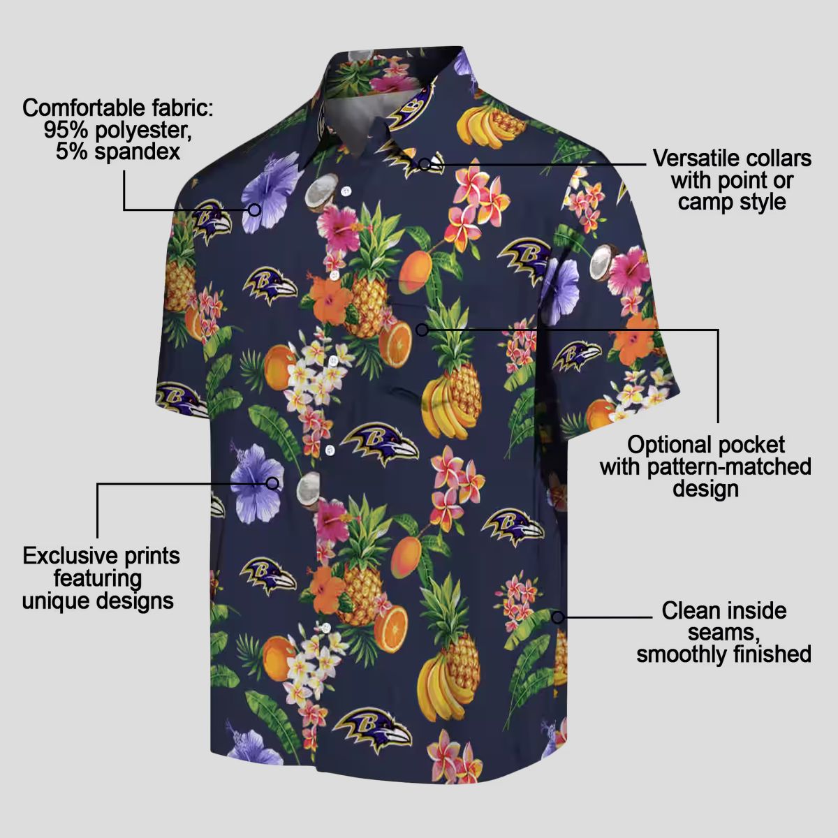 Navy Blue Hawaiian Shirt – Baltimore Football Hibiscus & Fruit Design