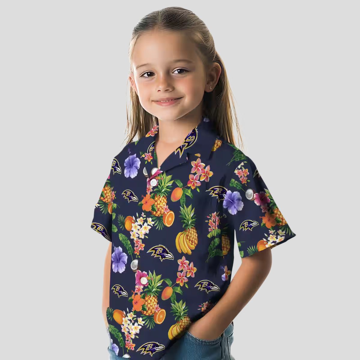 Navy Blue Hawaiian Shirt – Baltimore Football Hibiscus & Fruit Design