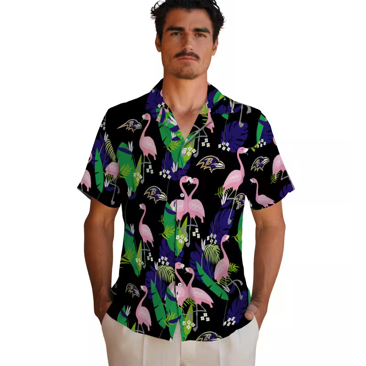 NFL Baltimore Ravens Hawaiian Shirt, Flamingo Foliage Purple Green Tropical Wear