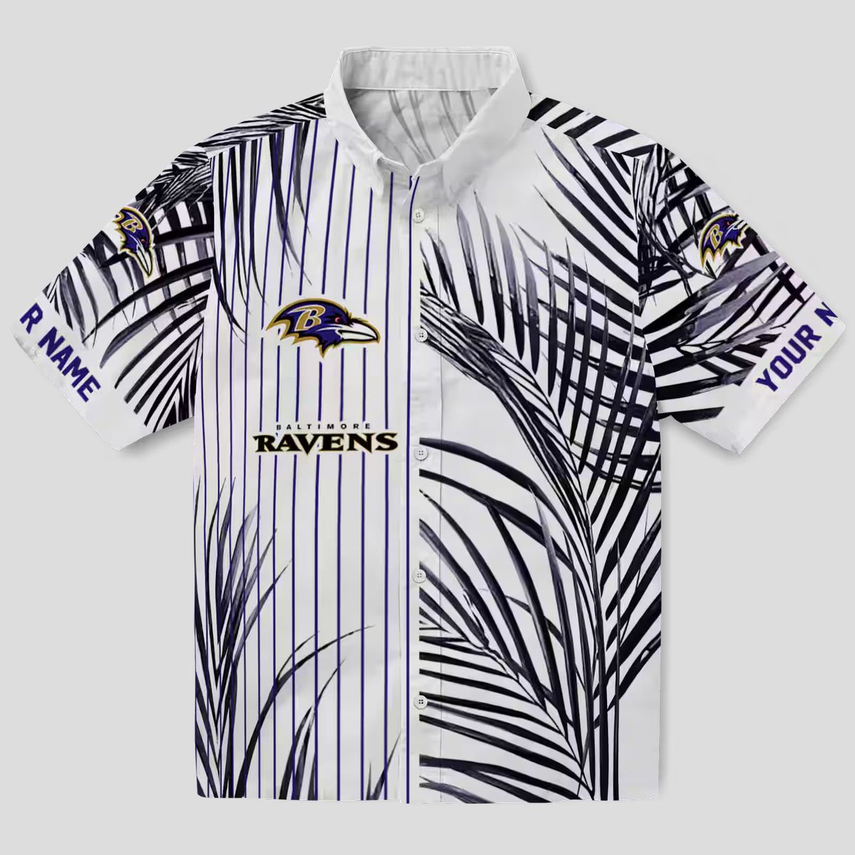 NFL Baltimore Ravens Purple Black White Hawaiian Shirt with Palm Stripes Design