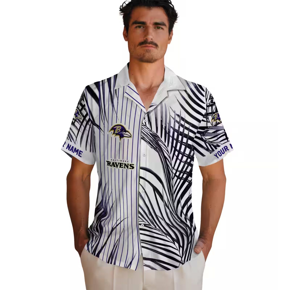 NFL Baltimore Ravens Purple Black White Hawaiian Shirt with Palm Stripes Design