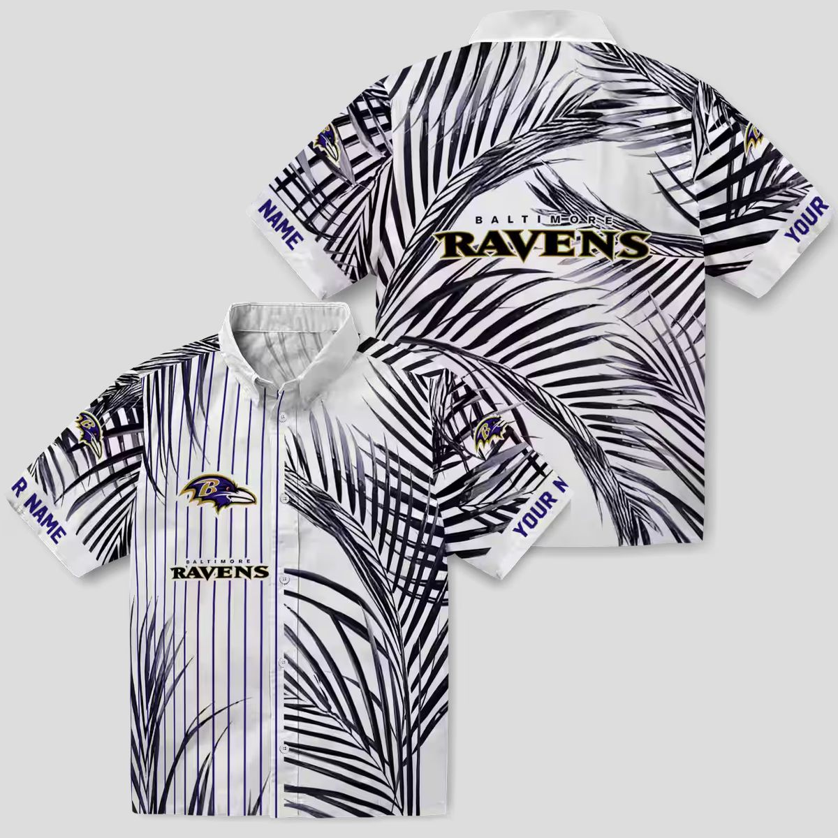 NFL Baltimore Ravens Purple Black White Hawaiian Shirt with Palm Stripes Design