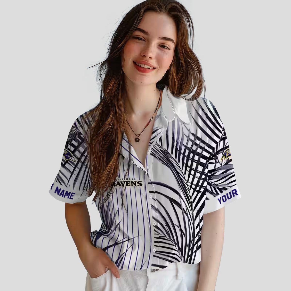 NFL Baltimore Ravens Purple Black White Hawaiian Shirt with Palm Stripes Design