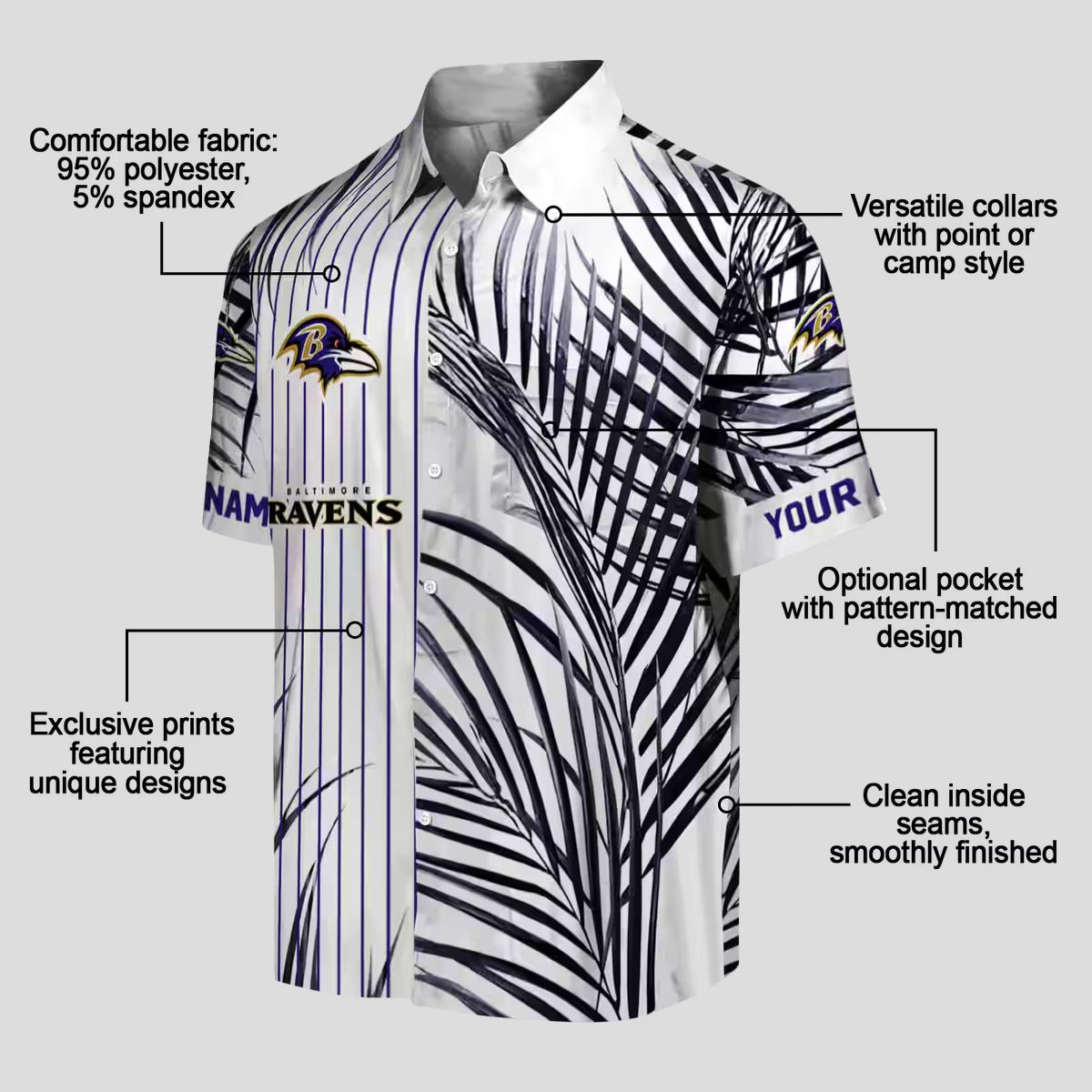 NFL Baltimore Ravens Purple Black White Hawaiian Shirt with Palm Stripes Design