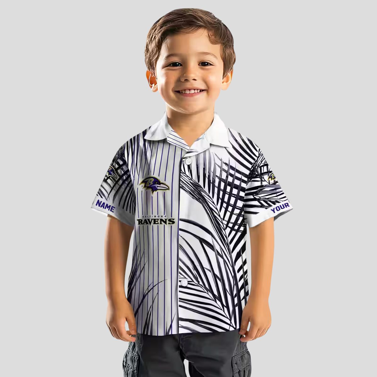 NFL Baltimore Ravens Purple Black White Hawaiian Shirt with Palm Stripes Design