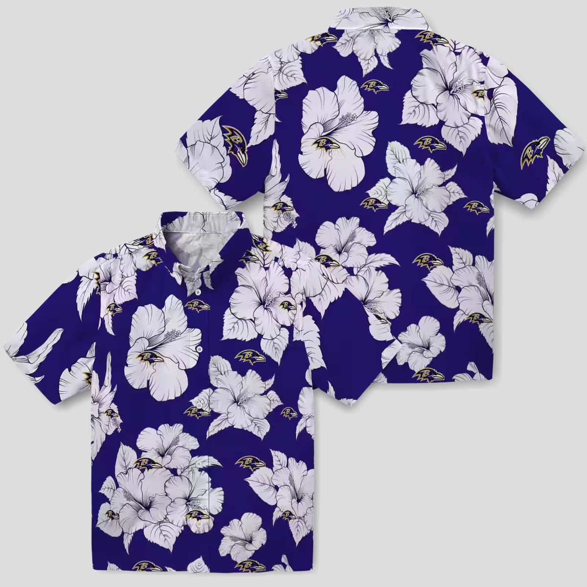 NFL Ravens Floral Hawaiian Shirt – Hibiscus Blooms Purple & White Design