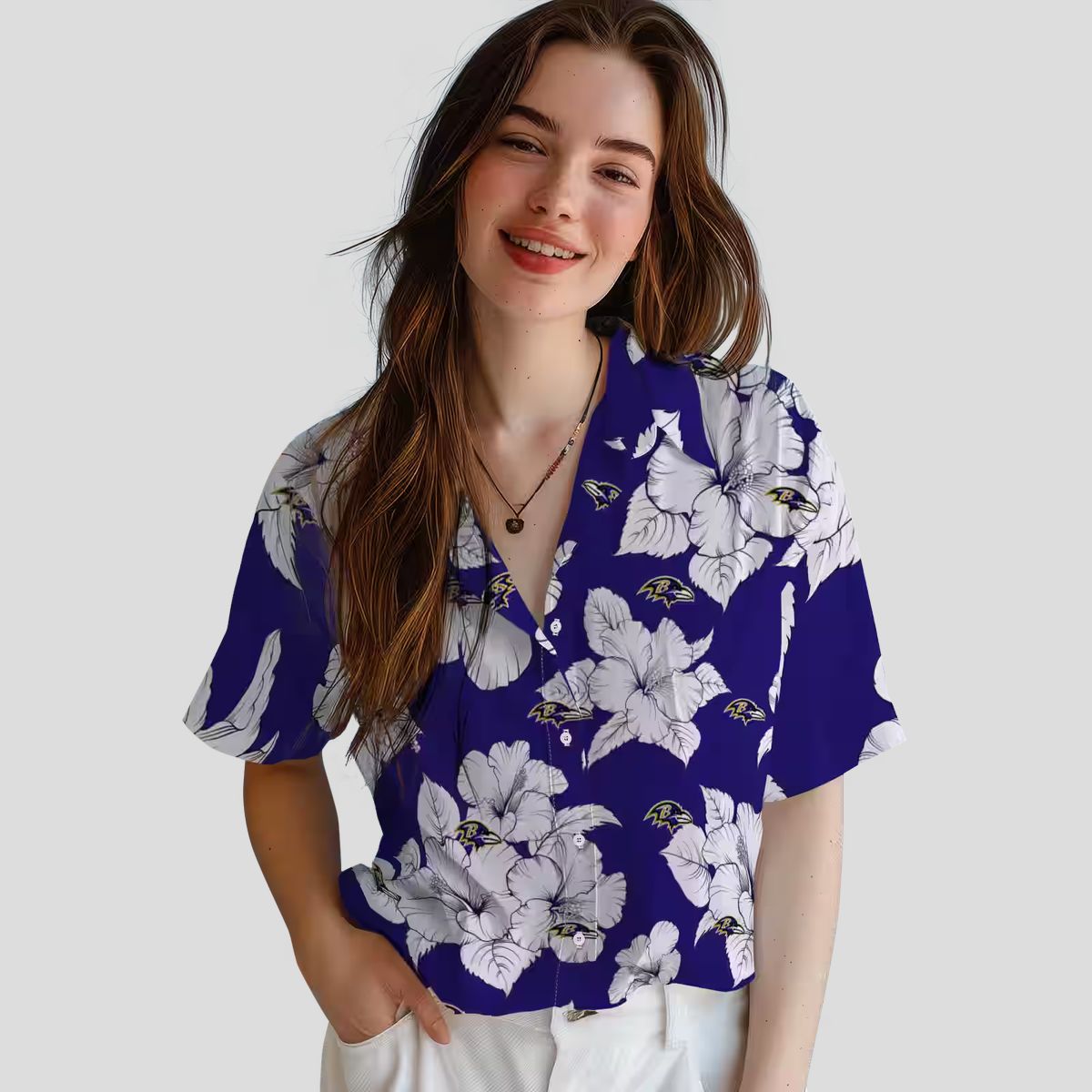 NFL Ravens Floral Hawaiian Shirt – Hibiscus Blooms Purple & White Design
