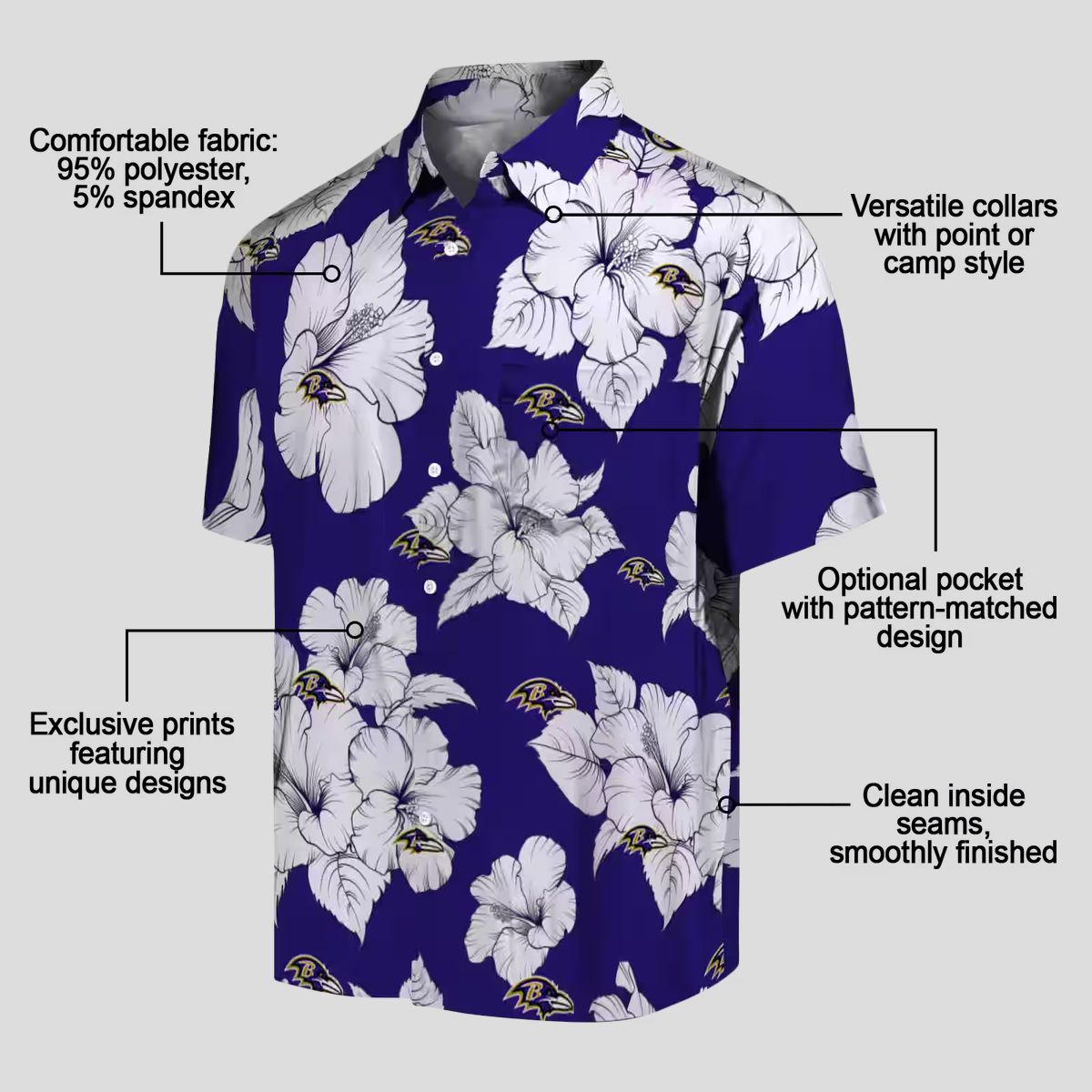 NFL Ravens Floral Hawaiian Shirt – Hibiscus Blooms Purple & White Design