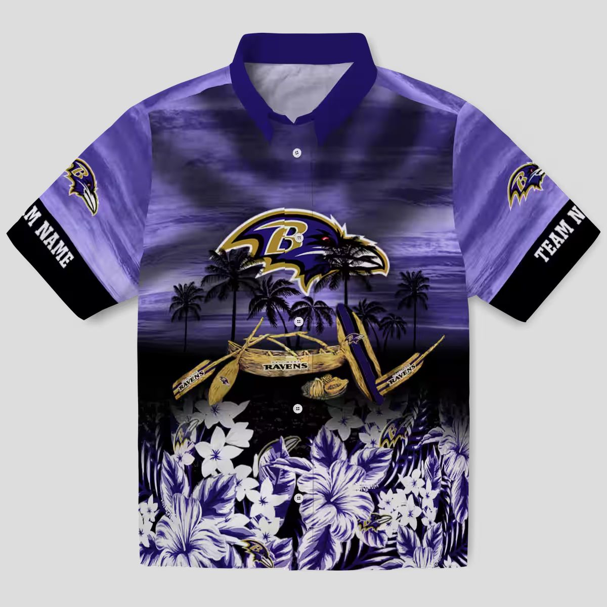 Personalized Baltimore Ravens Beach Shirt - Tropical Canoe Purple Aloha Shirt