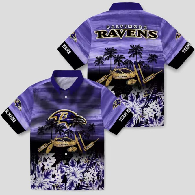 Personalized Baltimore Ravens Beach Shirt - Tropical Canoe Purple Aloha Shirt