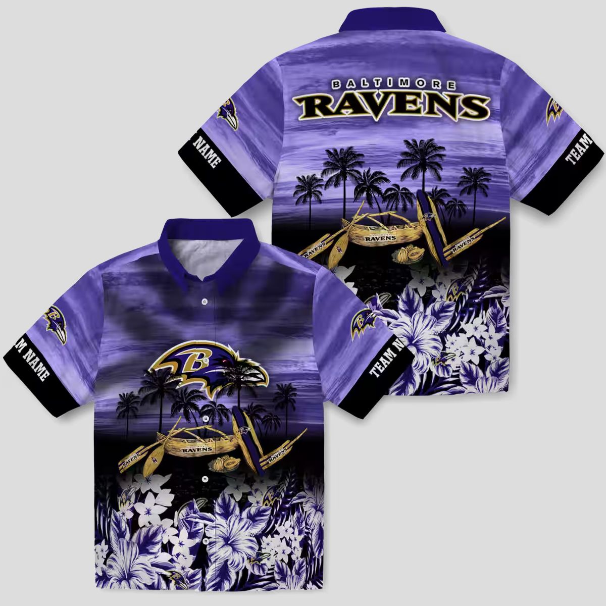 Personalized Baltimore Ravens Beach Shirt - Tropical Canoe Purple Aloha Shirt