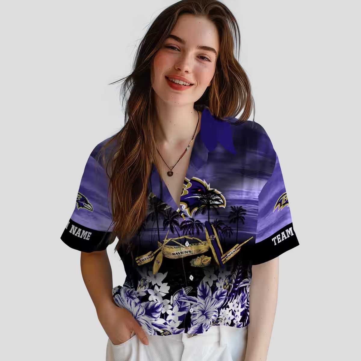 Personalized Baltimore Ravens Beach Shirt - Tropical Canoe Purple Aloha Shirt