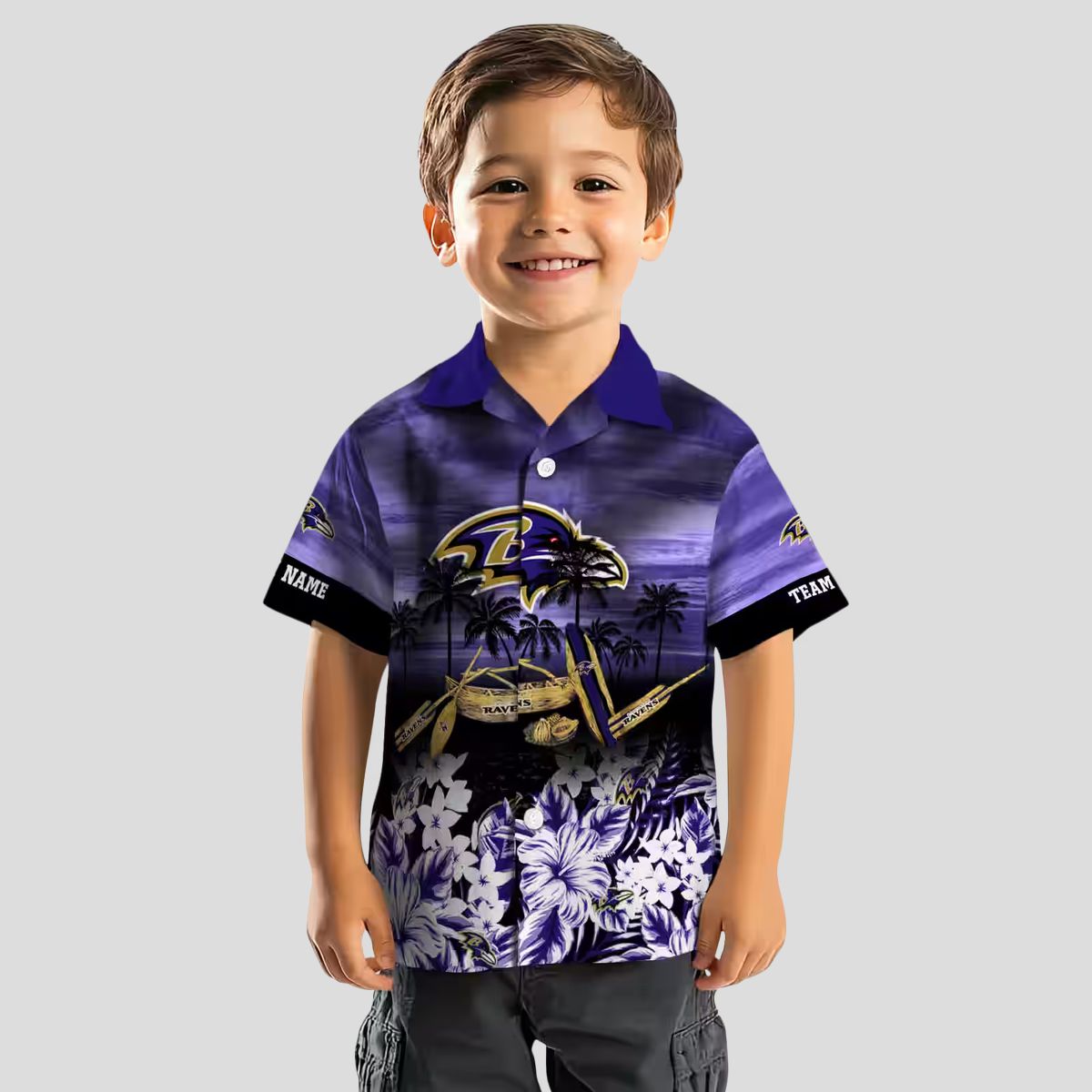 Personalized Baltimore Ravens Beach Shirt - Tropical Canoe Purple Aloha Shirt