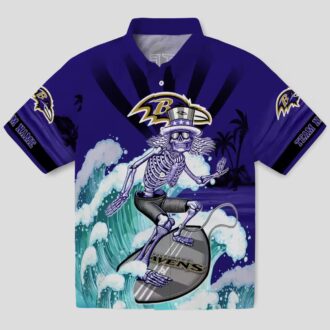 Personalized Ravens Beach Hawaiian Shirt - Surfing Skeleton Purple Blue Button Up