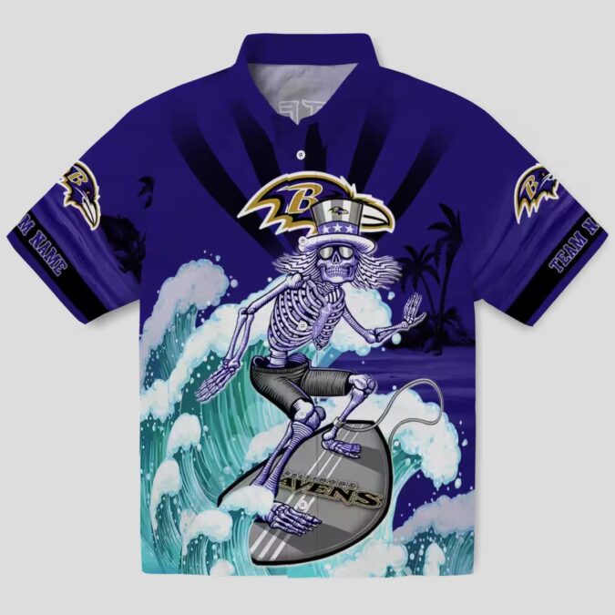 Personalized Ravens Beach Hawaiian Shirt - Surfing Skeleton Purple Blue Button Up