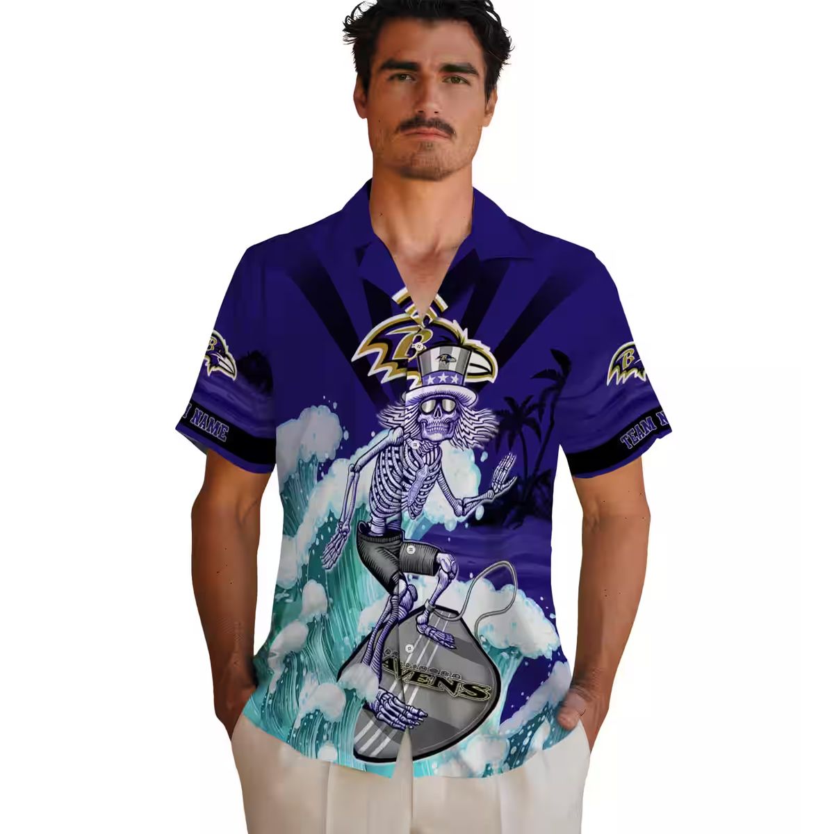 Personalized Ravens Beach Hawaiian Shirt - Surfing Skeleton Purple Blue Button Up