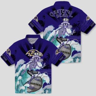 Personalized Ravens Beach Hawaiian Shirt - Surfing Skeleton Purple Blue Button Up