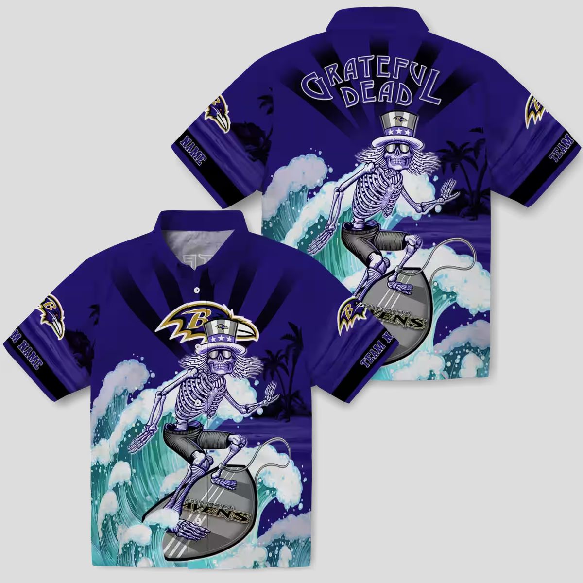 Personalized Ravens Beach Hawaiian Shirt - Surfing Skeleton Purple Blue Button Up