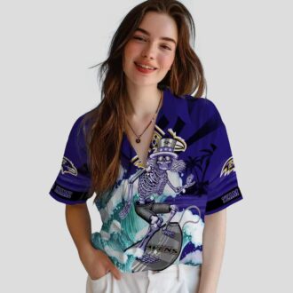 Personalized Ravens Beach Hawaiian Shirt - Surfing Skeleton Purple Blue Button Up