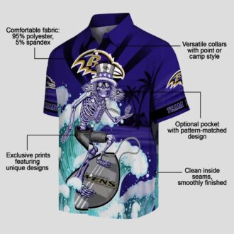 Personalized Ravens Beach Hawaiian Shirt - Surfing Skeleton Purple Blue Button Up