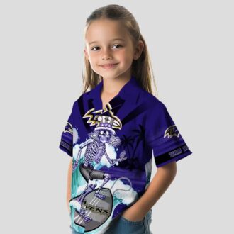 Personalized Ravens Beach Hawaiian Shirt - Surfing Skeleton Purple Blue Button Up